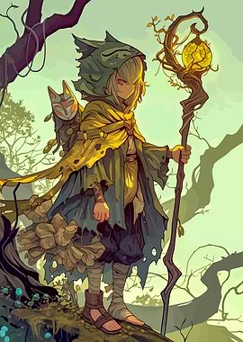 Forest Wanderer with Mask and Staff
