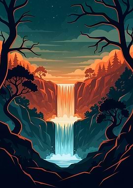 Waterfall Landscape with Trees and Sunset