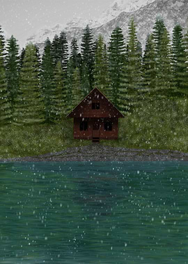 Cabin by the Lake in Winter