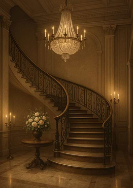 Elegant Staircase with Chandelier and Flowers