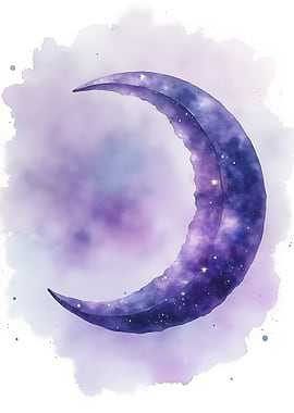 Watercolor Crescent Moon with Stars