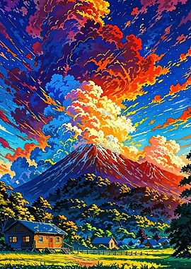 Colorful Mountain Landscape with Cabins