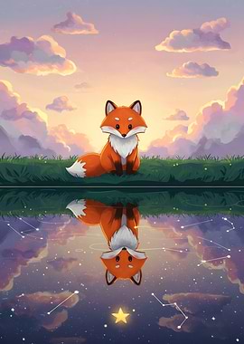 Fox Reflection on Starry Water