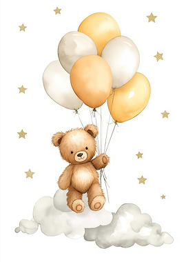Teddy Bear with Balloons and Clouds