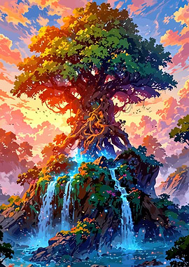 Fantasy Tree of Life with Waterfalls
