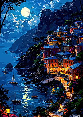 Coastal Village at Night Under Moonlight