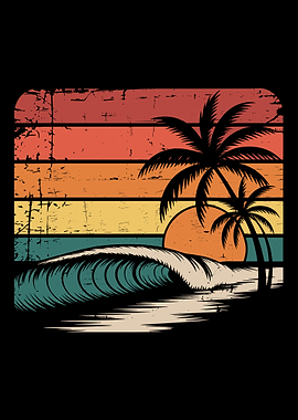 Retro sandy Beach curling wave Sunset with Palm Trees