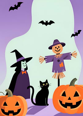 Halloween Cartoon with Witch and Scarecrow