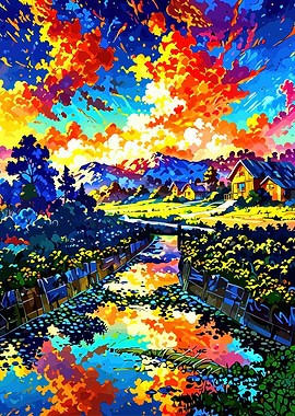 Colorful Landscape with River and Houses