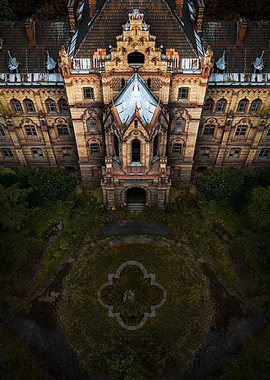 Aerial View of Abandoned Brick Building