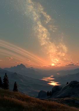 Mountain Valley Sunset with Milky Way