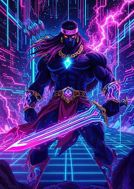 Cyberpunk Warrior with Sword and Arrows