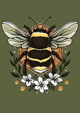 Bee on Honeycomb with Flowers