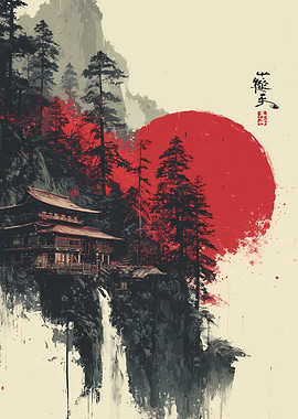 Japanese Temple Waterfall Red Sun Art