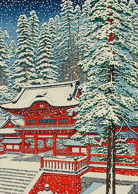 Winter Japanese Temple in Snowy Forest
