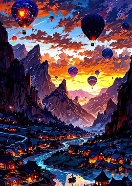 Hot Air Balloons Over Mountain Village