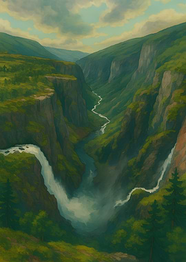 Waterfall in a Green Mountain Valley