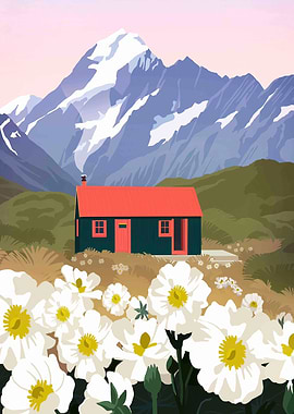 Mountain Hut with Flowers Illustration
