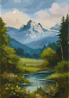 Mountain Landscape Painting with River