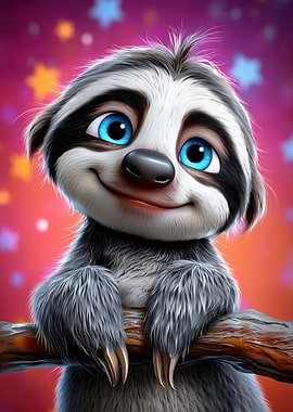 Cute Cartoon Sloth on Branch