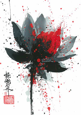 Abstract Lotus Flower Ink Painting