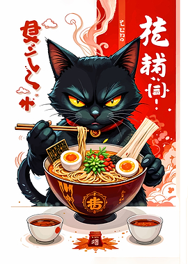 Black Cat Eating Ramen