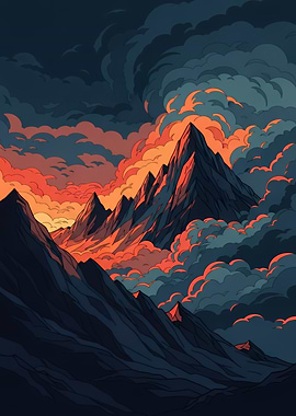 Mountain Peaks and Clouds at Sunset