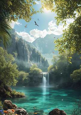 Lush Waterfall Landscape with Turquoise Water