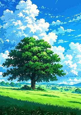 Anime Landscape with Tree and Clouds