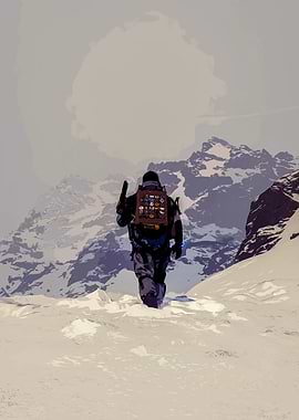 Man with backpack in snowy mountains