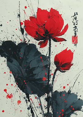 Red Lotus Flower Painting