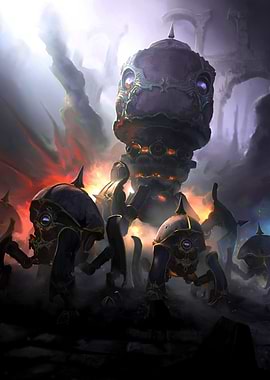 Fantasy Mechanical Creatures in a Dark Landscape