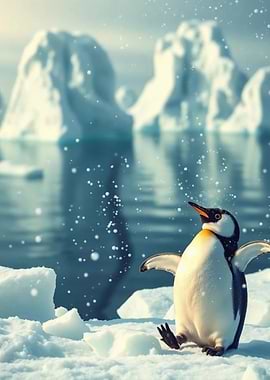 Penguin on Ice with Icebergs
