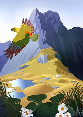 Mountain Landscape with Bird and Flowers