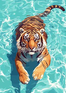 Tiger Swimming in Blue Water