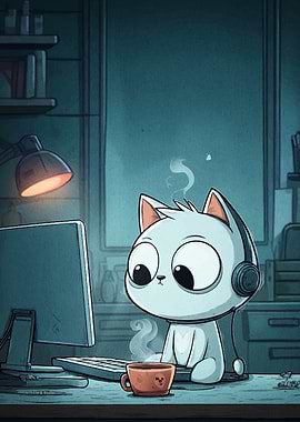 Cartoon Cat Working at Computer