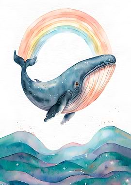 Watercolor Whale with Rainbow and Waves
