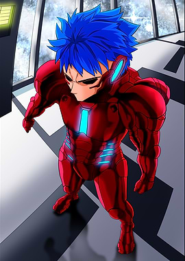 Red Armored Character with Blue Hair