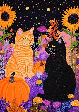 Cats whimsical autumn garden