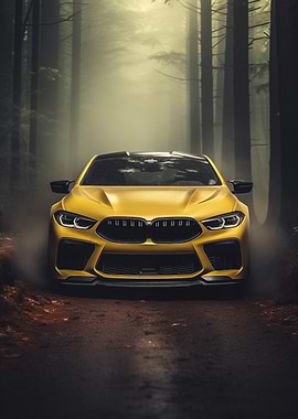 Yellow BMW M8 in Forest