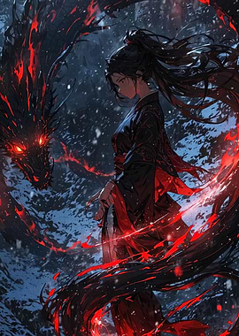 Woman with Dragon in Snowy Landscape