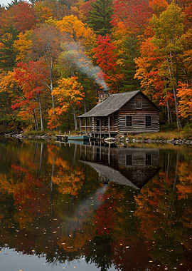 Autumn Cabin by Lake Reflection