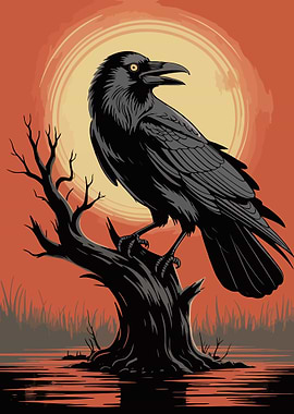 Raven on a Branch at Sunset