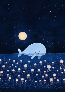 Whale and Jellyfish Under Moonlight