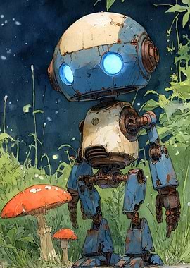 Blue Robot in a Grassy Field
