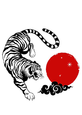 Tiger, Red Sun, and Clouds Illustration