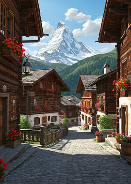 Picturesque Village with Mountain Backdrop