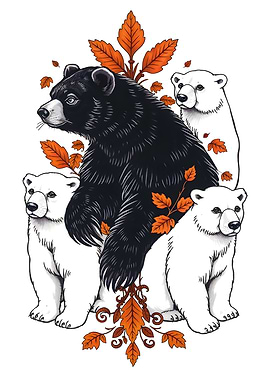 Bear Family with Autumn Leaves