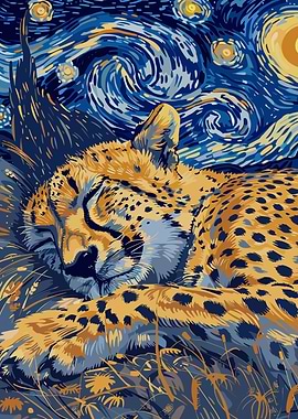 Sleeping Cheetah Starry Night Art