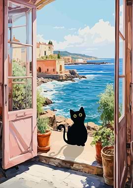 Black Cat by the Sea View
